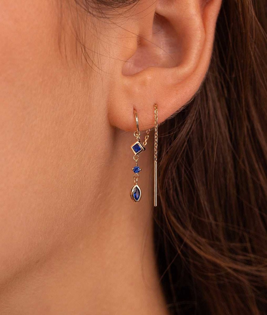 Boucles D'Oreilles Femme L'Atelier d'Amaya | Boucles D'Oreilles Cha Ne Losange Et Goutte Zircons Bleus Suspendus Plaqu Or