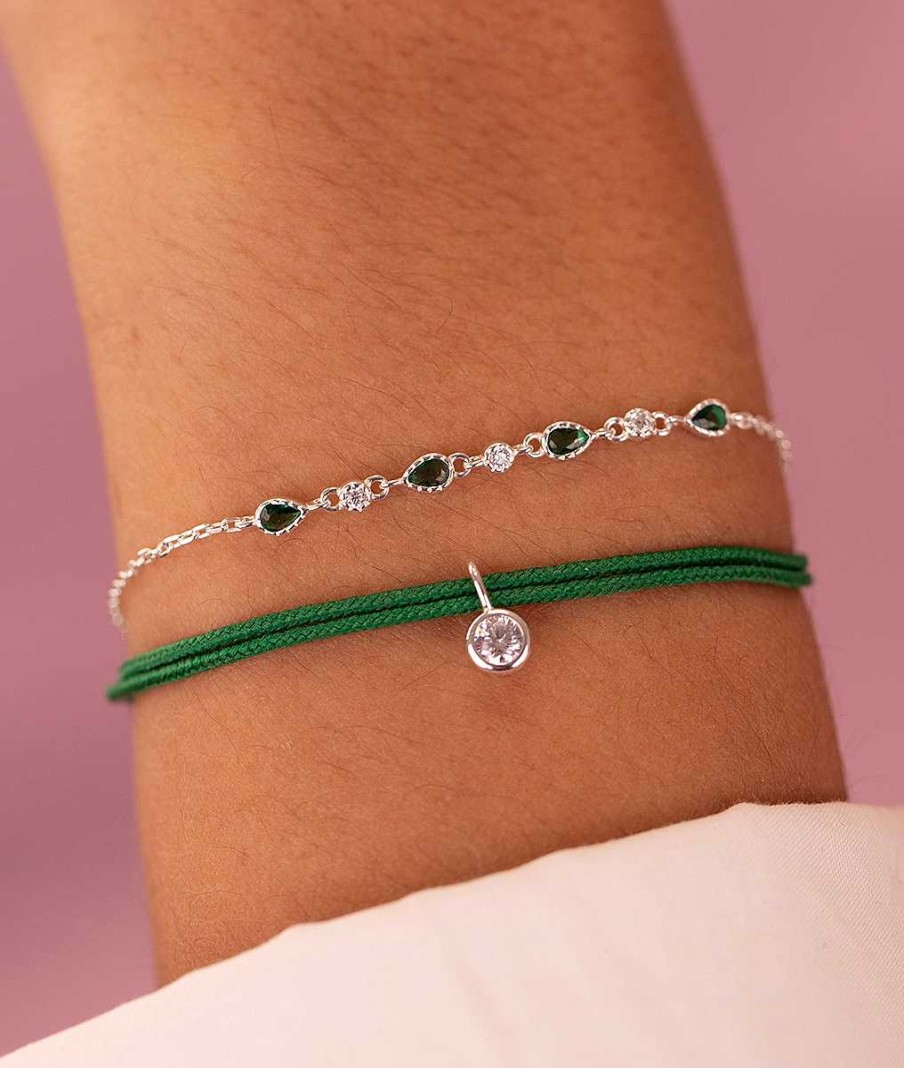 Bracelets Femme L'Atelier d'Amaya | Duo Solitaire Et Goutes Zircons Verts Argent 925