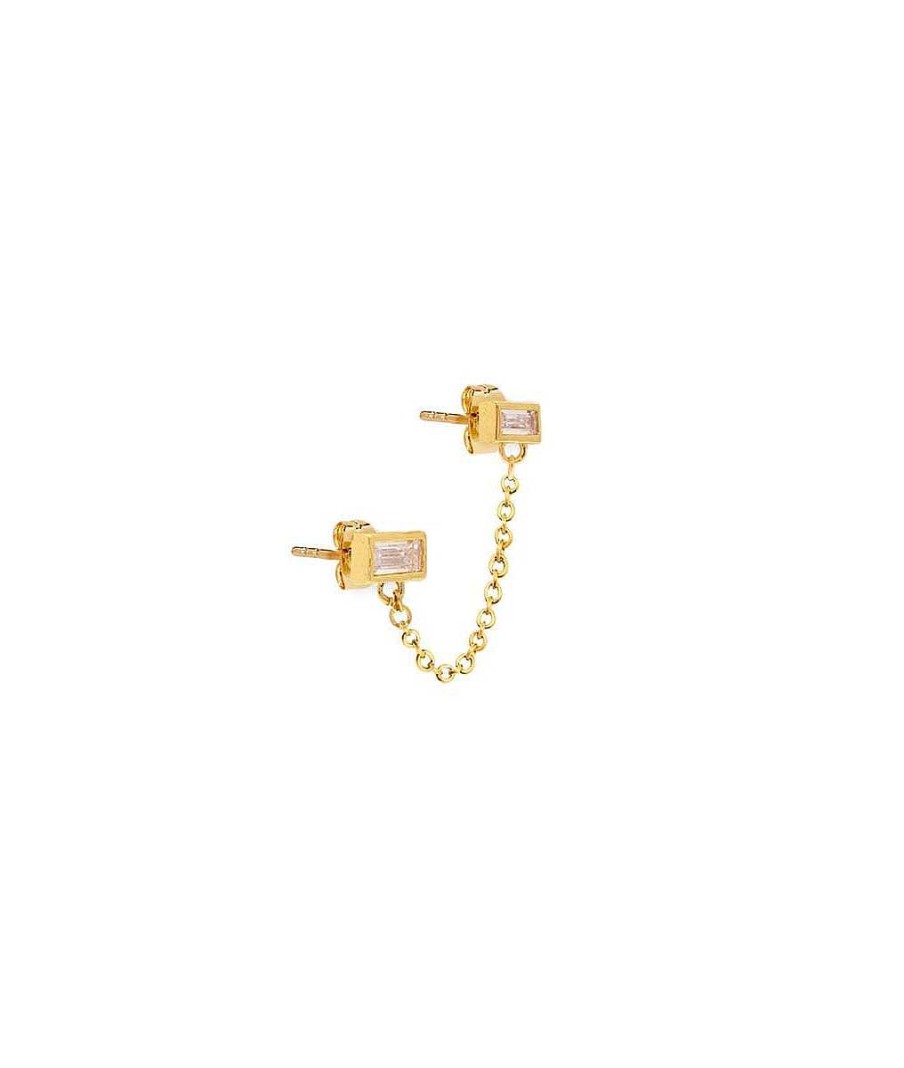 Boucles D'Oreilles Femme L'Atelier d'Amaya | Boucle D'Oreille Double Puces Rectangles Zircons Et Cha Ne [ L'Unit ] Plaqu Or