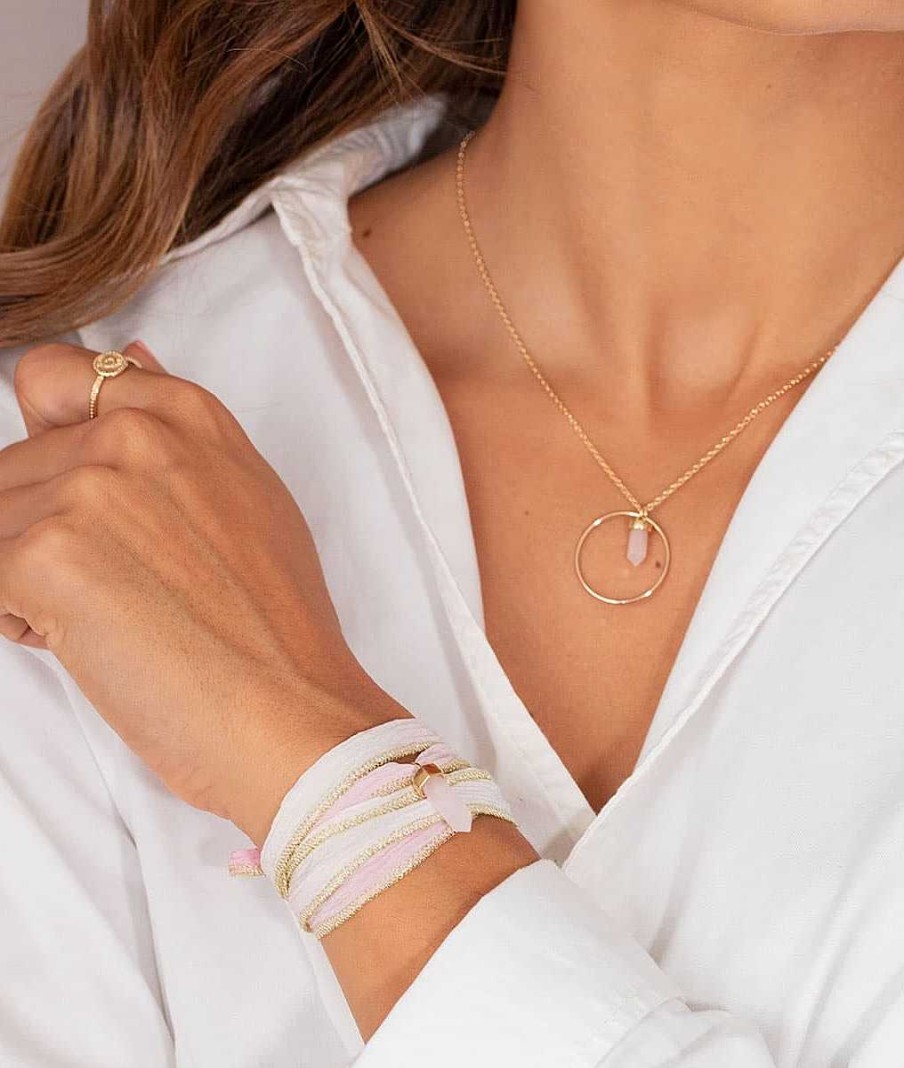 Colliers Femme L'Atelier d'Amaya | Collier Cha Ne Anneau Et Petit Prisme Quartz Rose Plaqu Or