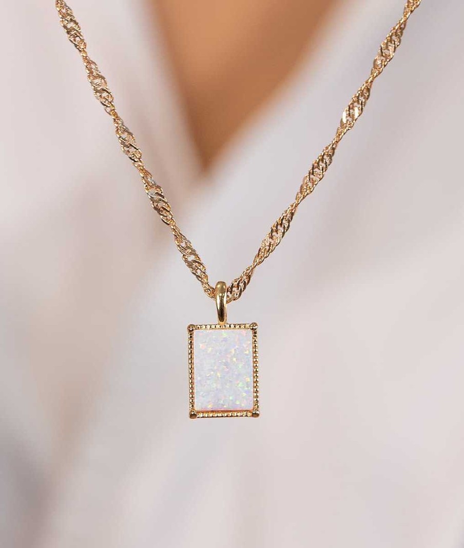 Colliers Femme L'Atelier d'Amaya | Collier Cha Ne Torsad E Paisse Et M Daille Rectangle Opale Blanche Plaqu Or