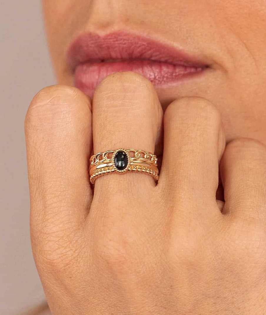 Bagues Femme L'Atelier d'Amaya | Bague Triple Rang Et Agate Noire Plaqu Or