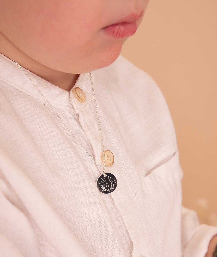 Bijoux Enfant L'Atelier d'Amaya | Collier Cha Ne Bapt Me Et M Daille Initiale Soleil Et Laurier Pour Enfant Argent 925