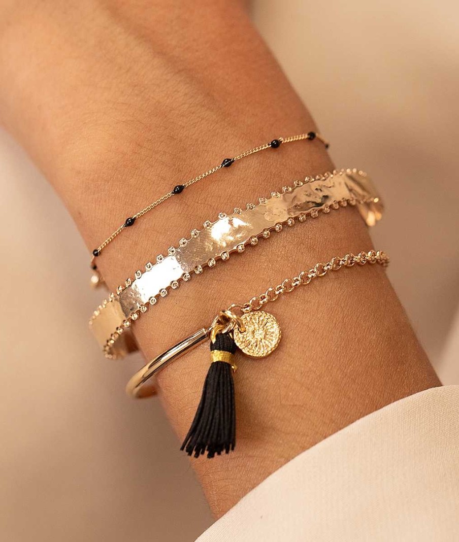 Bracelets Femme L'Atelier d'Amaya | Trio Perles Fleur Et Jonc Sable Plaqu Or