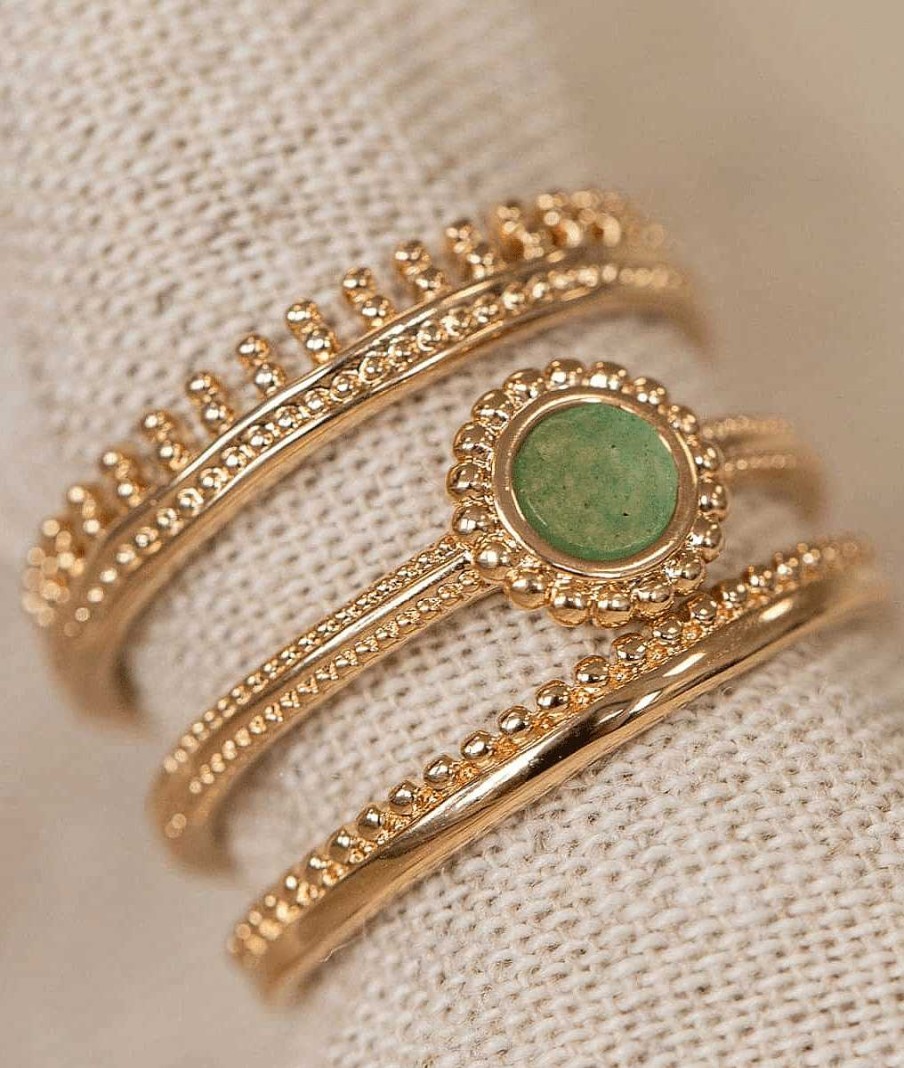 Bagues Femme L'Atelier d'Amaya | Trio De Bagues Couronne Et Aventurine Plaqu Or