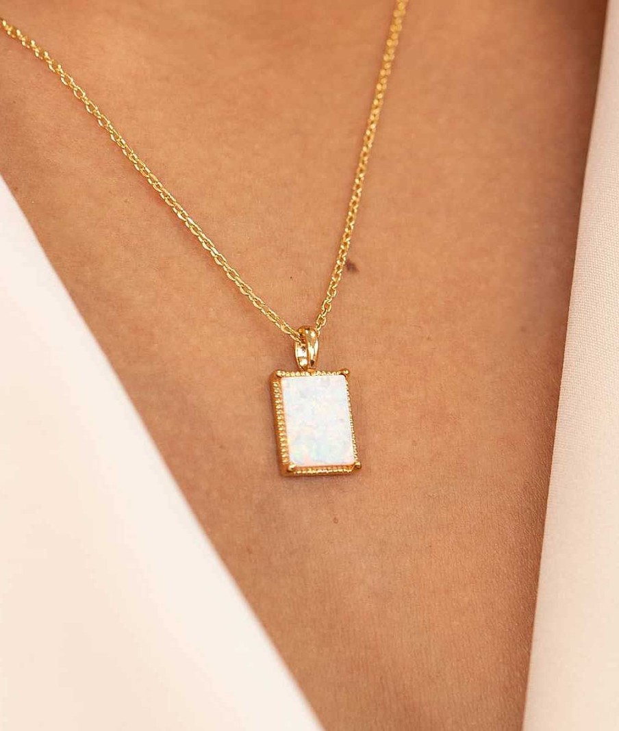 Colliers Femme L'Atelier d'Amaya | Collier Cha Ne Et M Daille Rectangle Opale Blanche Plaqu Or