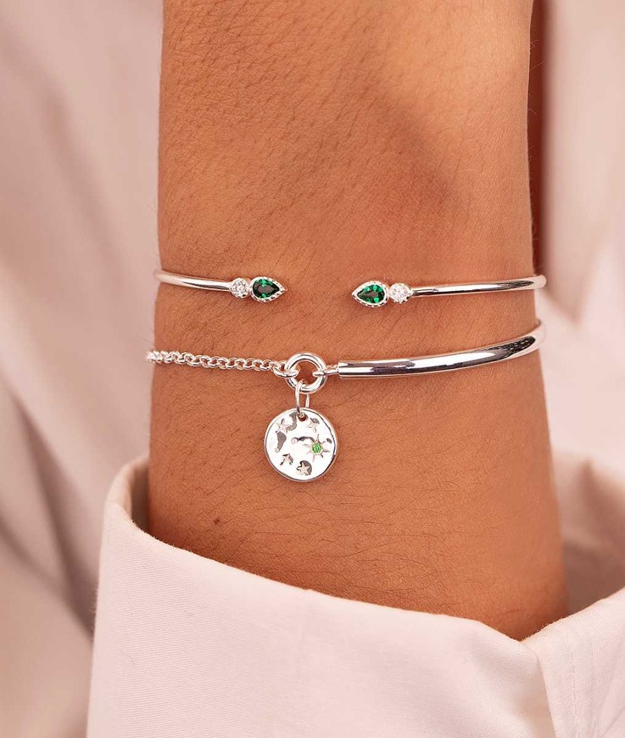 Bracelets Femme L'Atelier d'Amaya | Jonc Fin Ouvert Gouttes Zircons Verts Argent 925