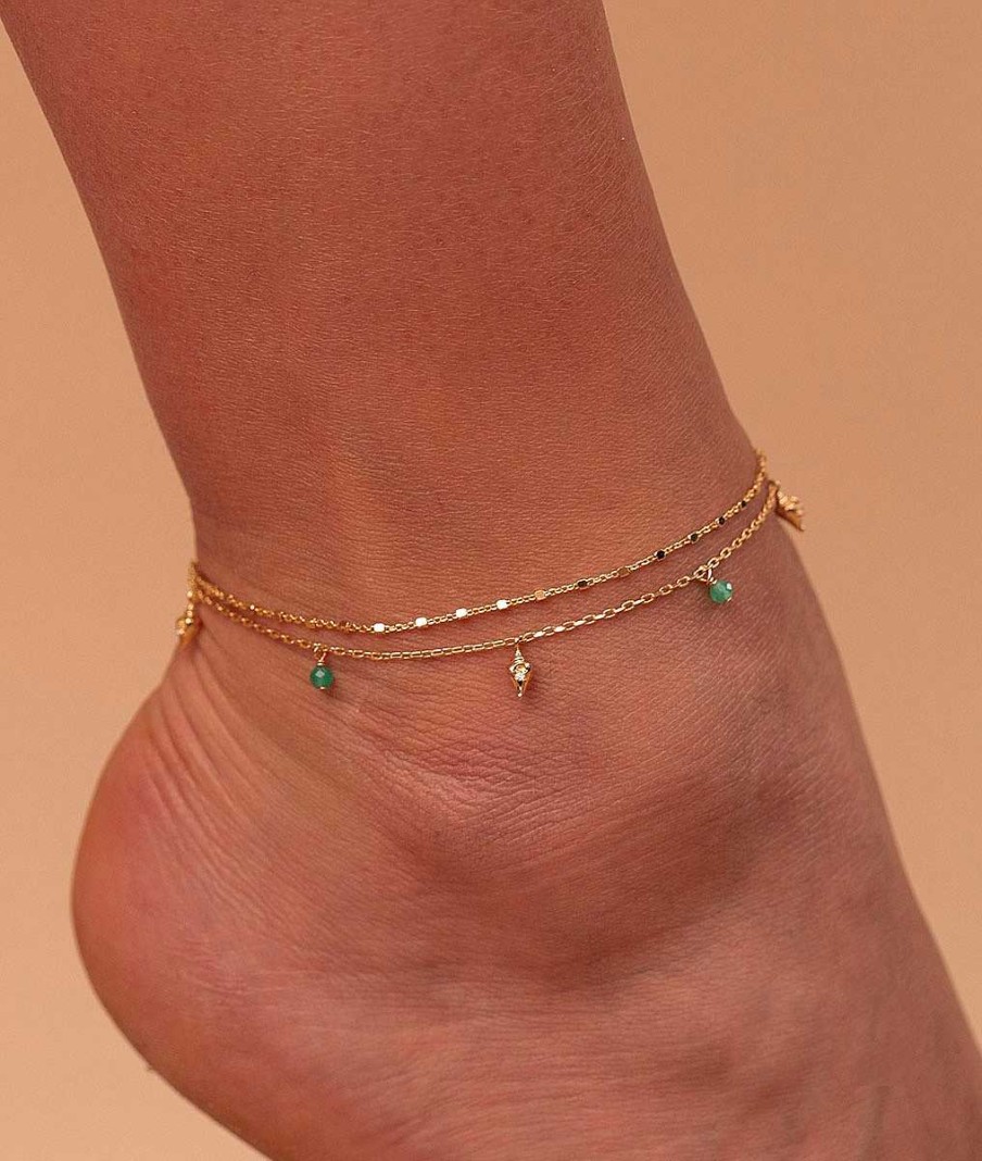 Bracelets Femme L'Atelier d'Amaya | Cha Ne De Cheville Zircons Verts Et Coquillages Suspendus Plaqu Or