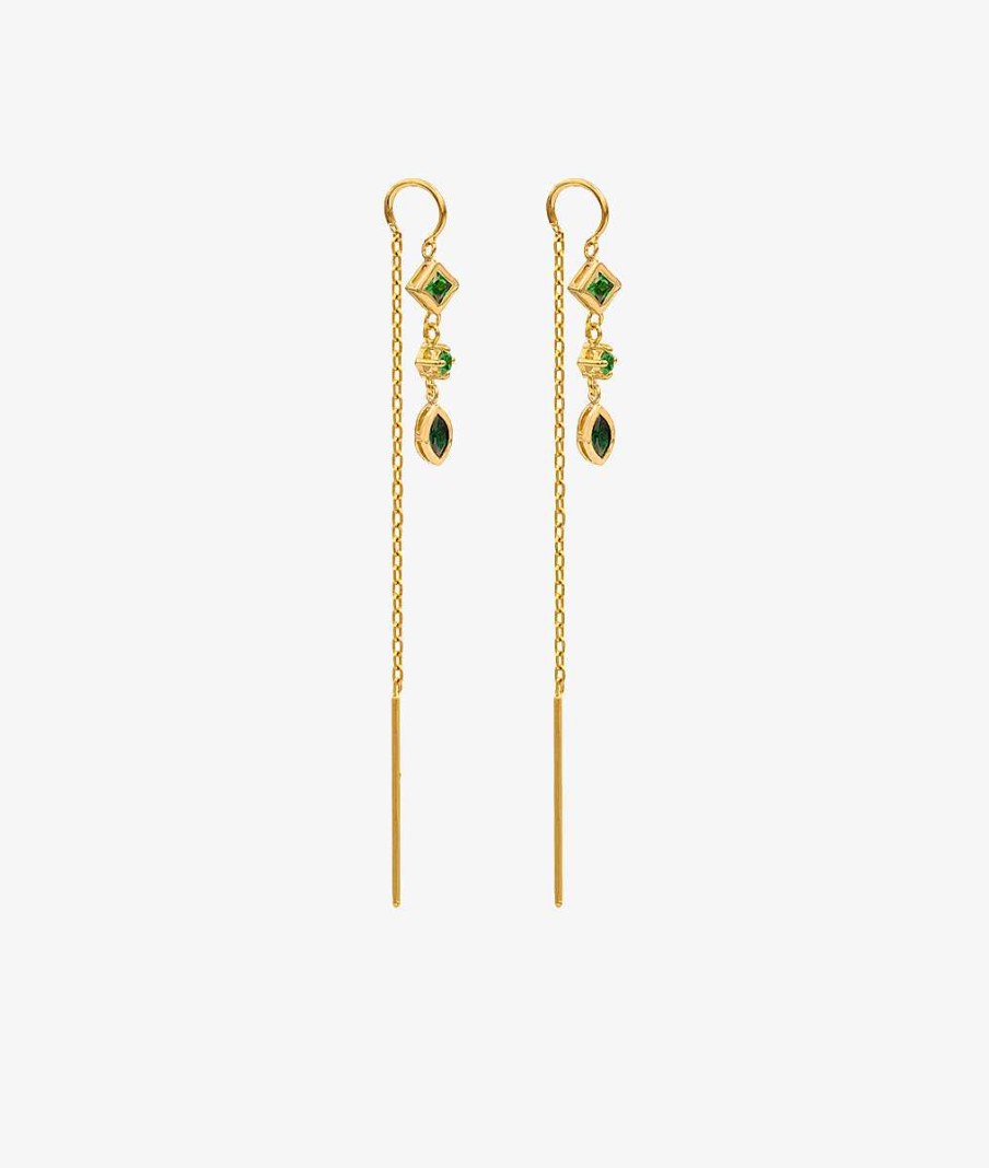 Boucles D'Oreilles Femme L'Atelier d'Amaya | Boucles D'Oreilles Cha Ne Losange Et Goutte Zircons Verts Suspendus Plaqu Or