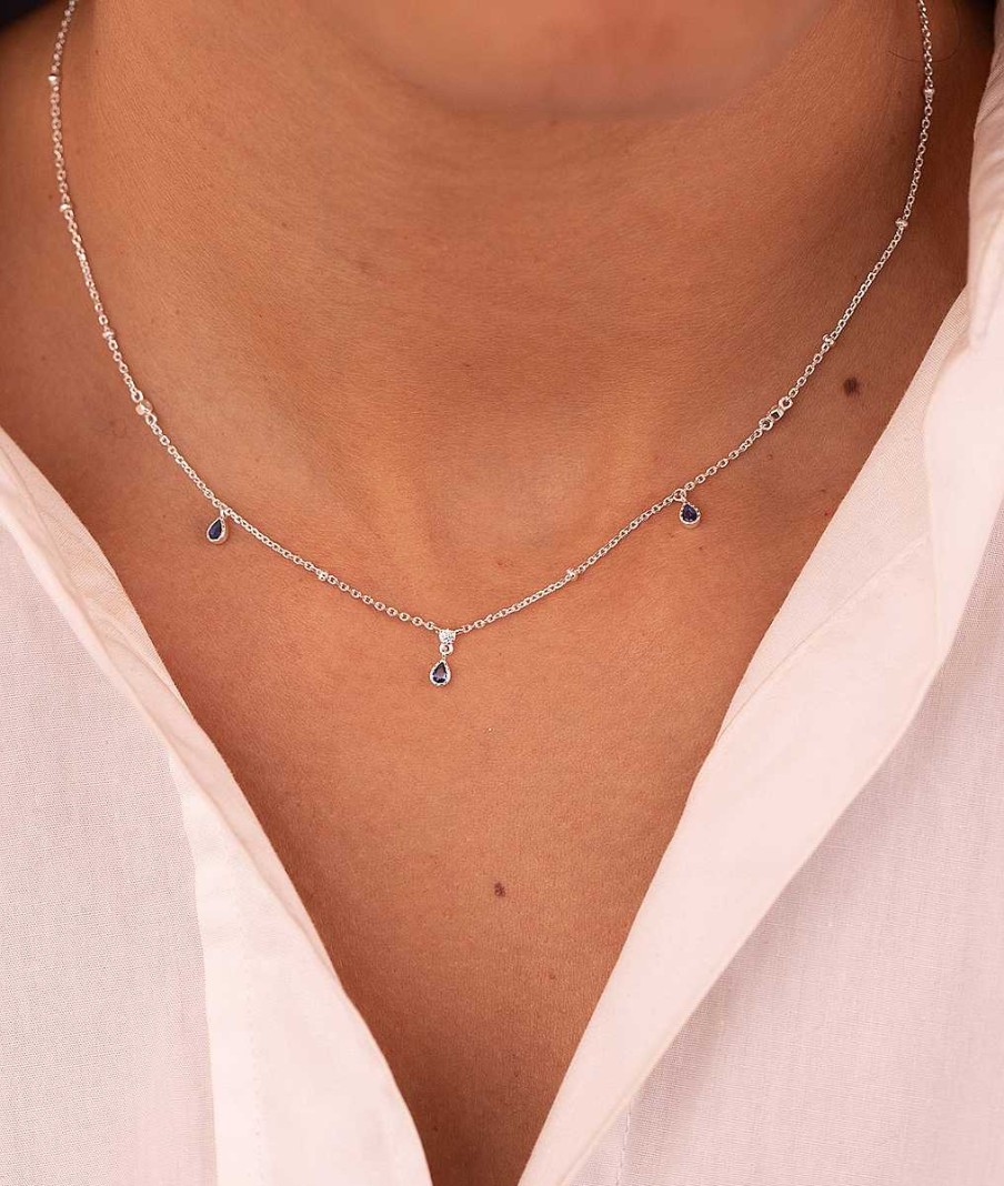 Colliers Femme L'Atelier d'Amaya | Collier Cha Ne 3 Gouttes Zircons Bleus Argent 925