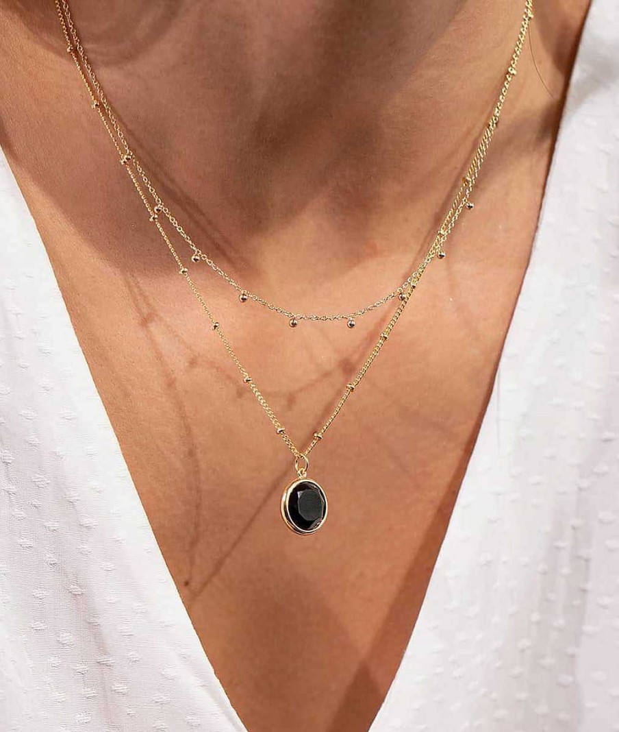 Colliers Femme L'Atelier d'Amaya | Collier Cha Ne Perl E Pastille Onyx Plaqu Or