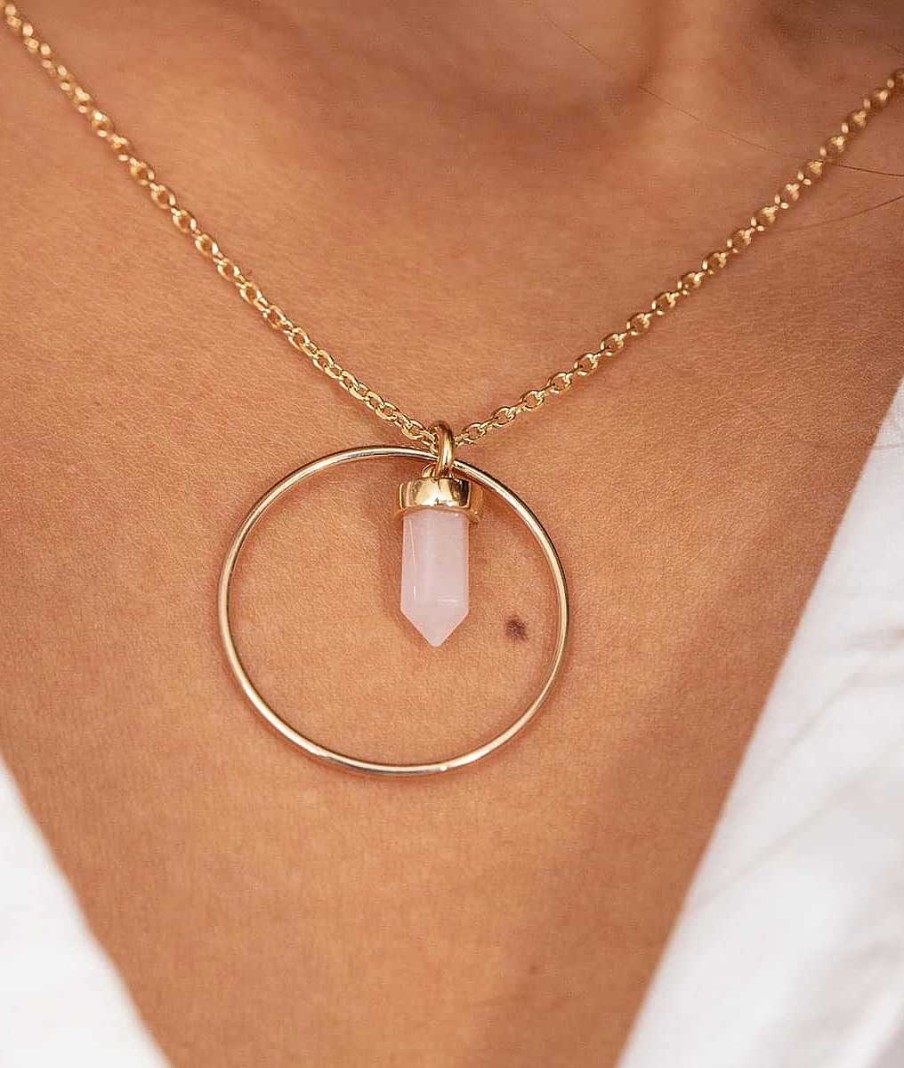 Colliers Femme L'Atelier d'Amaya | Collier Cha Ne Anneau Et Petit Prisme Quartz Rose Plaqu Or