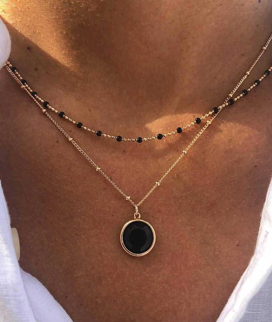 Colliers Femme L'Atelier d'Amaya | Collier Cha Ne Perl E Pastille Onyx Plaqu Or