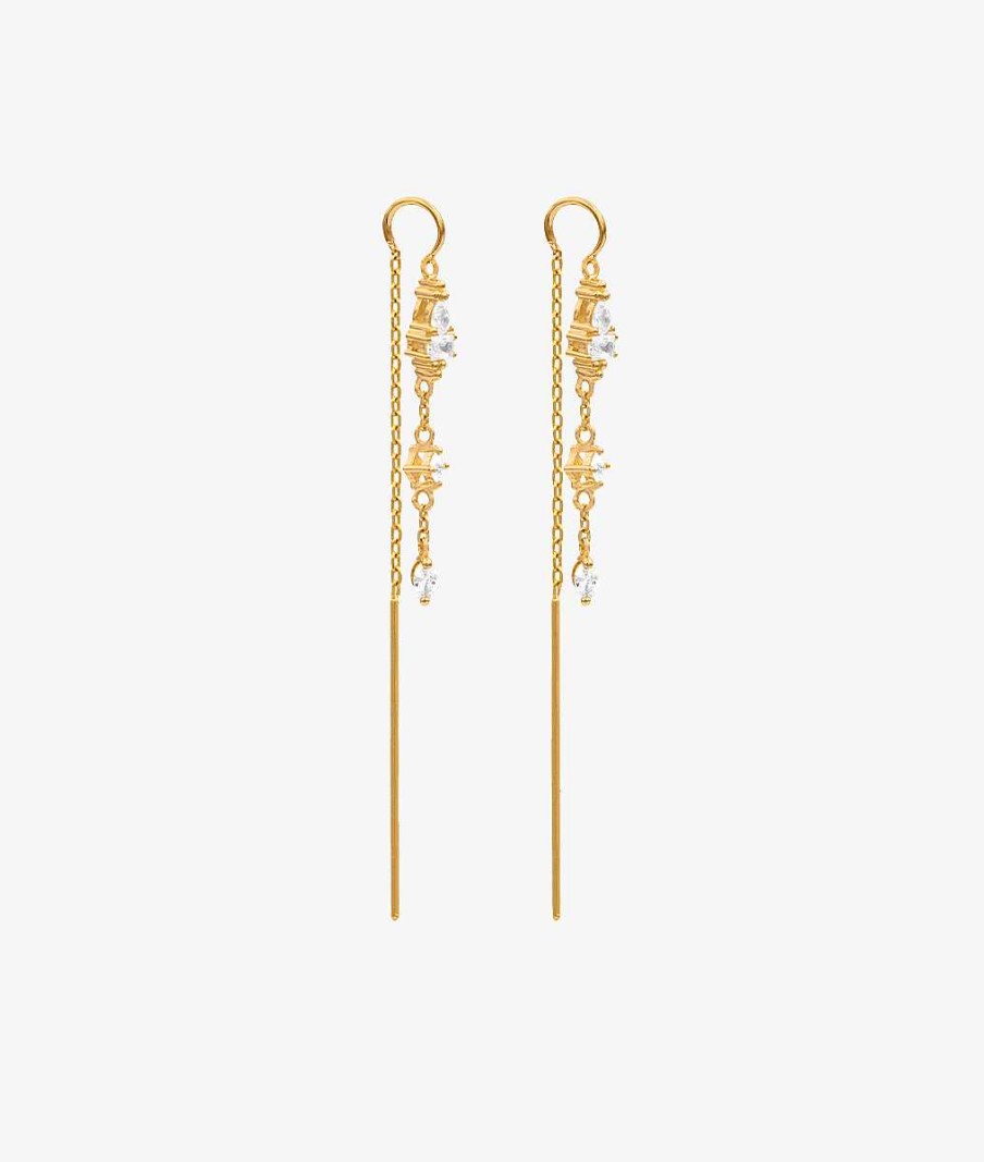 Boucles D'Oreilles Femme L'Atelier d'Amaya | Boucles D'Oreilles Cha Ne Gouttes Et Rectangles Zircons Plaqu Or