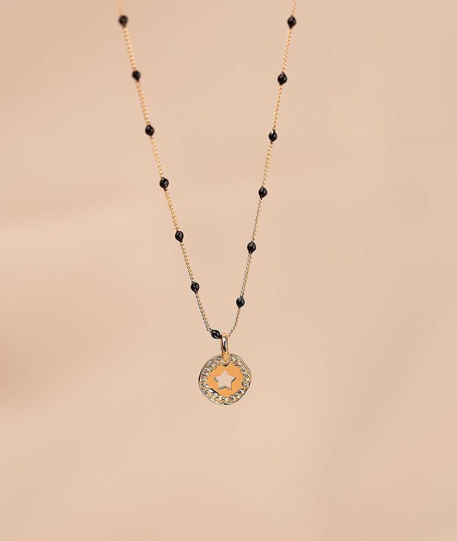 Colliers Femme L'Atelier d'Amaya | Collier Mini Perles Noires Et M Daille Toile Tress E Plaqu Or