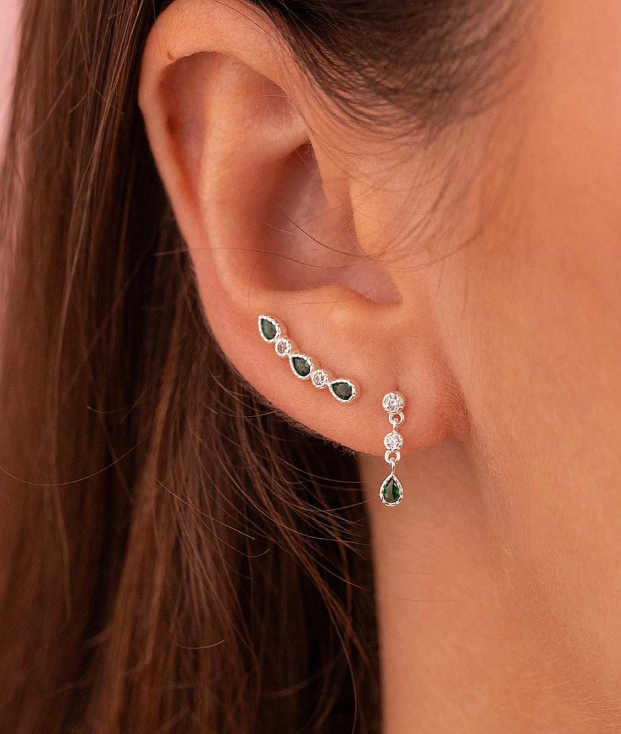 Boucles D'Oreilles Femme L'Atelier d'Amaya | Boucles D'Oreilles De Lobe Gouttes Zircons Verts Argent 925