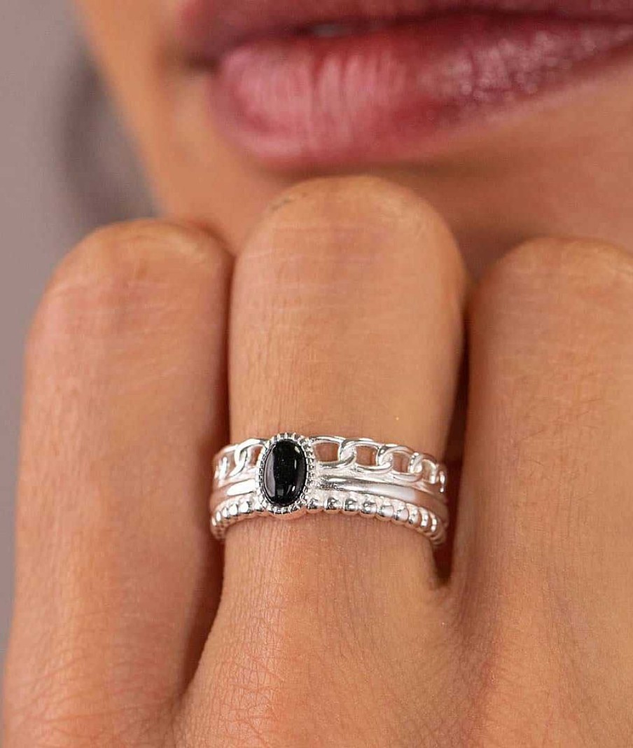 Bagues Femme L'Atelier d'Amaya | Bague Triple Rang Et Agate Noire Argent 925