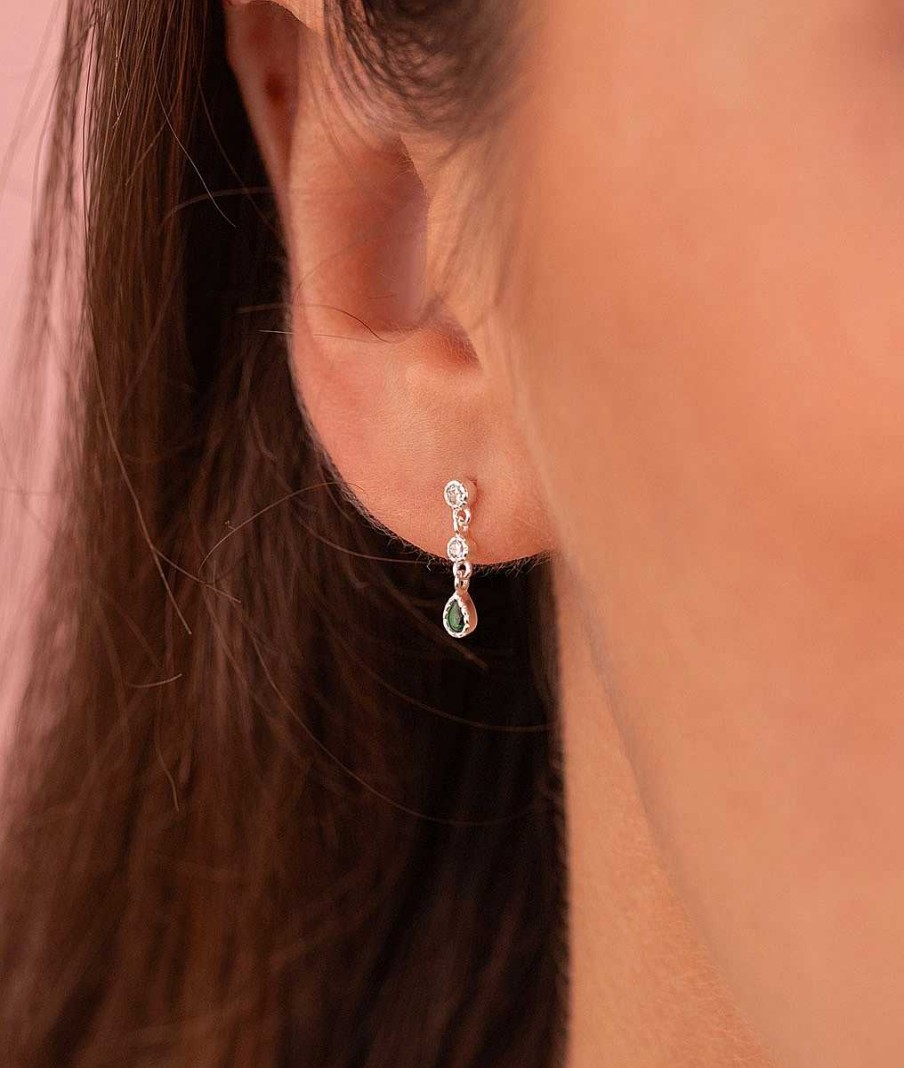 Boucles D'Oreilles Femme L'Atelier d'Amaya | Boucles D'Oreilles Puces Gouttes Zircons Verts Argent 925