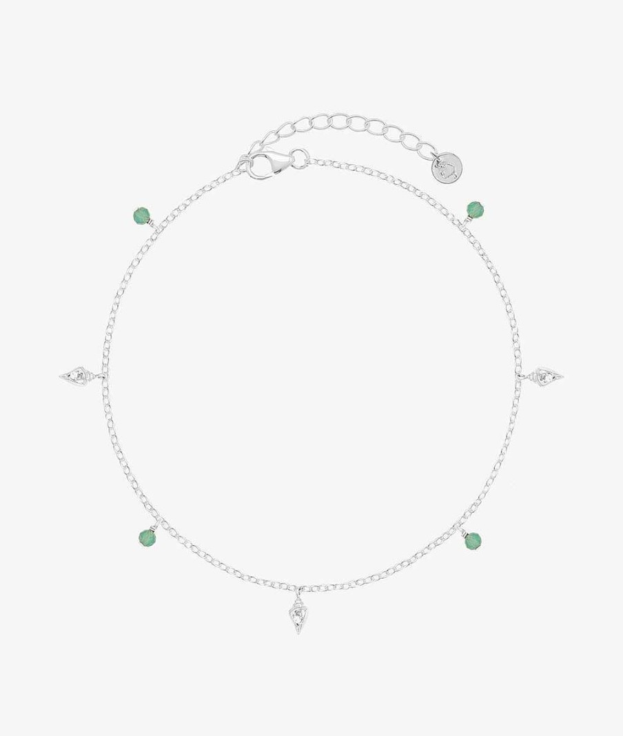 Bracelets Femme L'Atelier d'Amaya | Cha Ne De Cheville Zircons Verts Et Coquillages Suspendus Argent 925