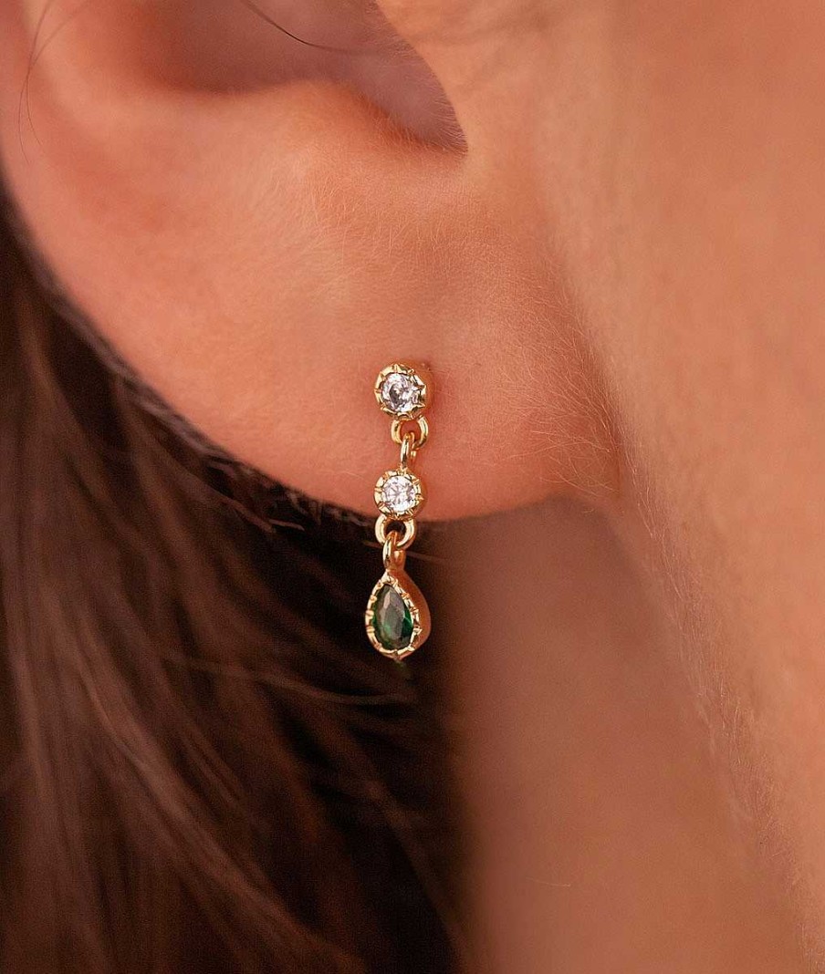 Boucles D'Oreilles Femme L'Atelier d'Amaya | Boucles D'Oreilles Puces Gouttes Zircons Verts Plaqu Or