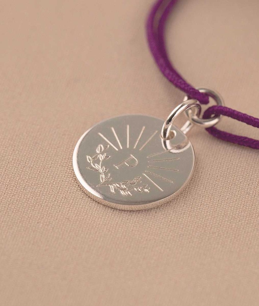 Bijoux Enfant L'Atelier d'Amaya | Bracelet Bapt Me Cordon Et M Daille Initiale Soleil Et Lauriers Pour Enfant Argent 925