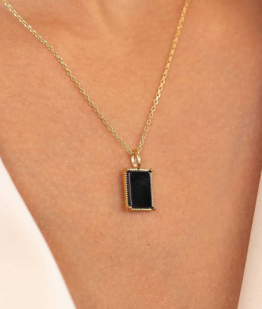 Colliers Femme L'Atelier d'Amaya | Collier Cha Ne Et M Daille Rectangle Onyx Plaqu Or