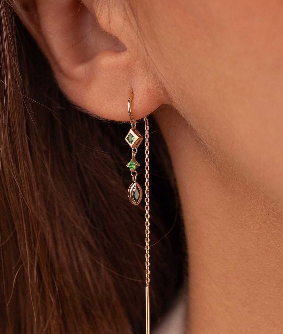 Boucles D'Oreilles Femme L'Atelier d'Amaya | Boucles D'Oreilles Cha Ne Losange Et Goutte Zircons Verts Suspendus Plaqu Or