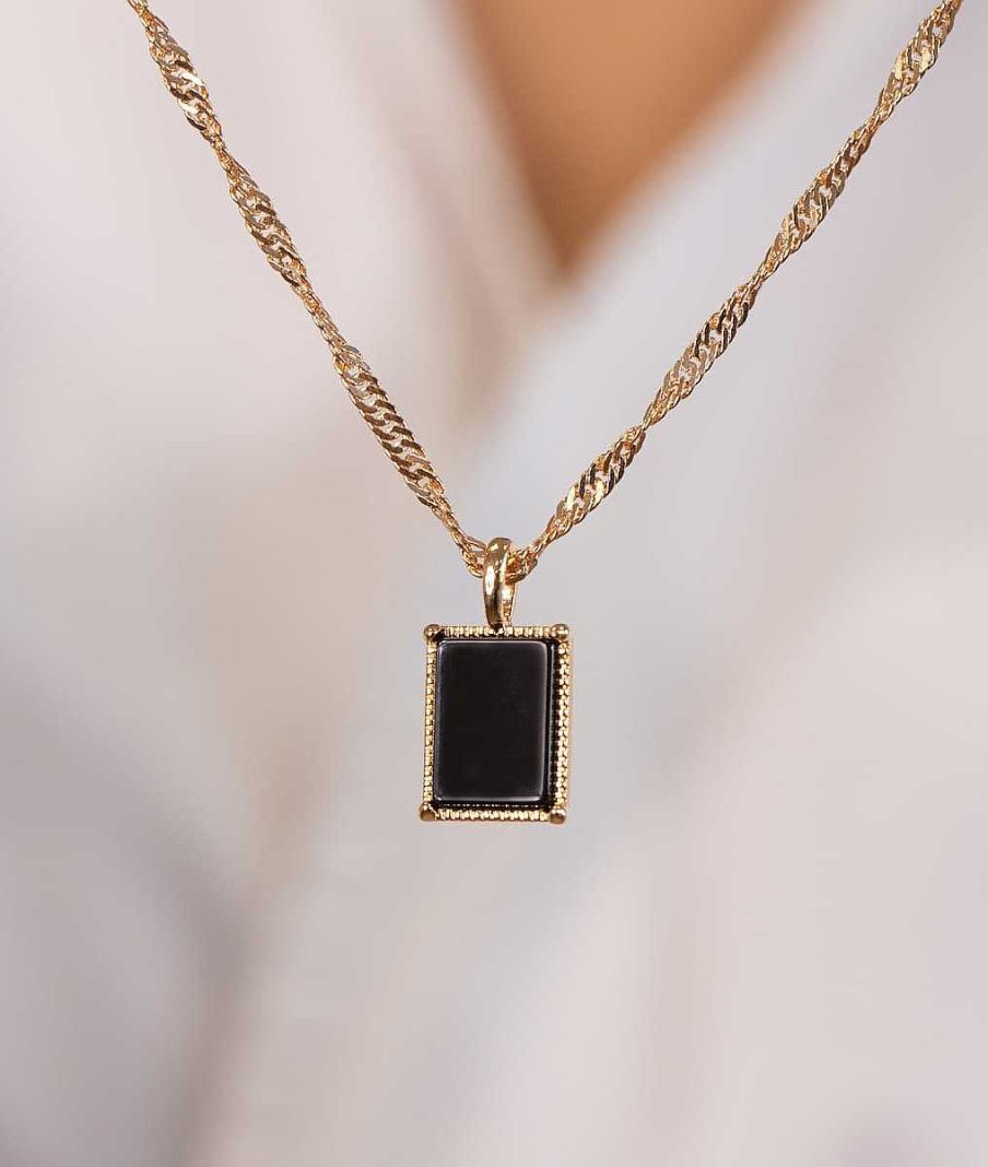 Colliers Femme L'Atelier d'Amaya | Collier Cha Ne Torsad E Paisse Et M Daille Rectangle Onyx Plaqu Or