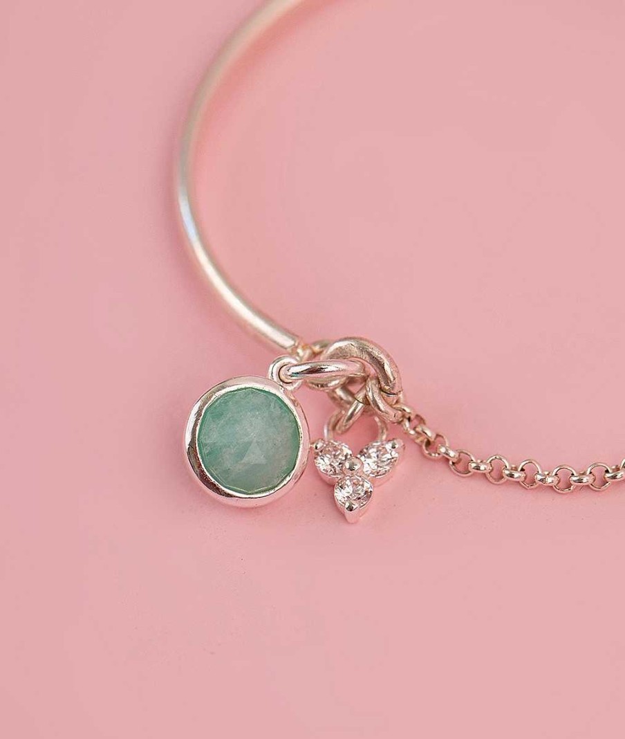 Bracelets Femme L'Atelier d'Amaya | Demi Jonc Chainette Pendentif Fleur Zircon Et Amazonite Argent 925