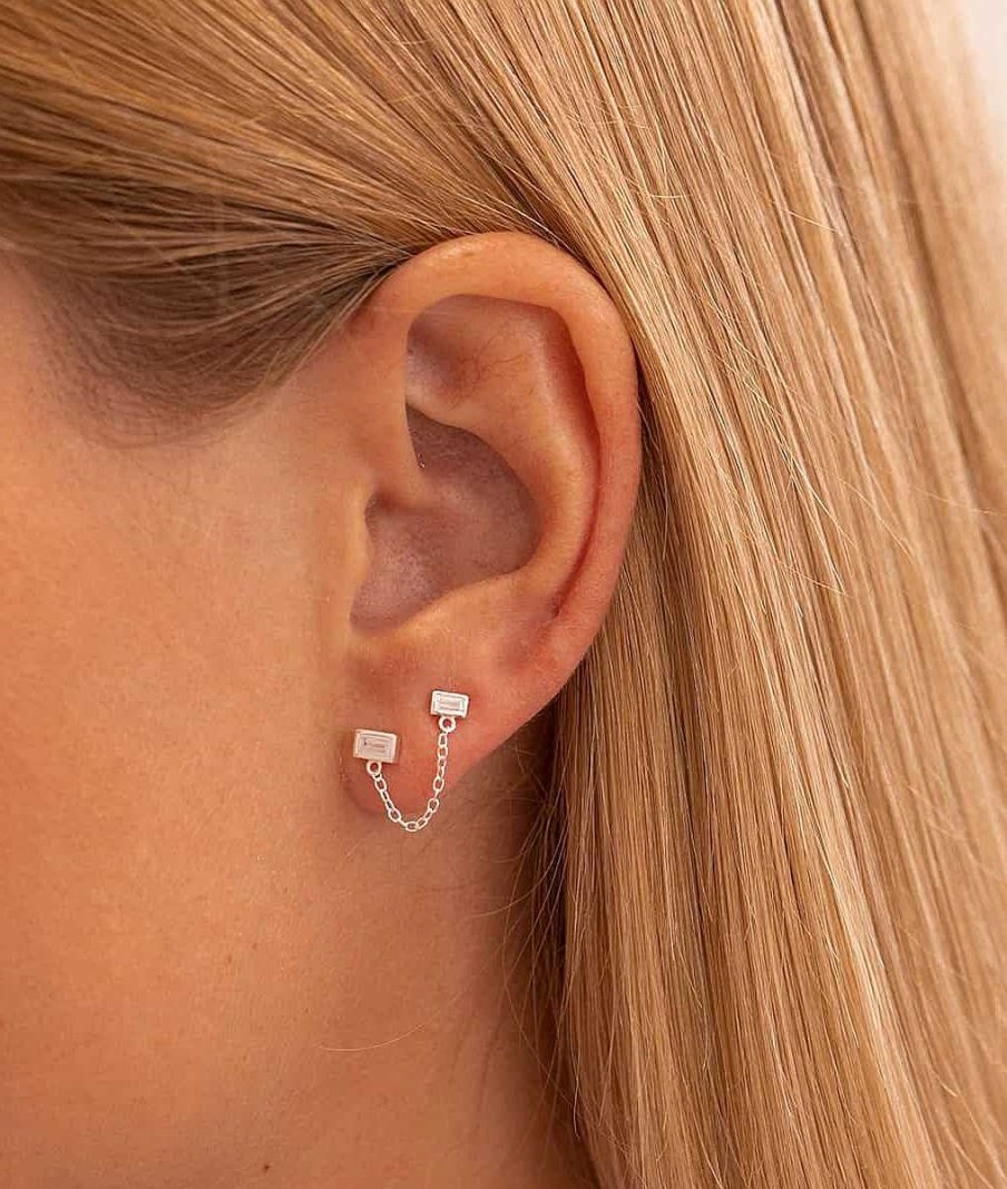 Boucles D'Oreilles Femme L'Atelier d'Amaya | Boucle D'Oreille Double Puces Rectangles Zircons Et Cha Ne [ L'Unit ] Argent 925