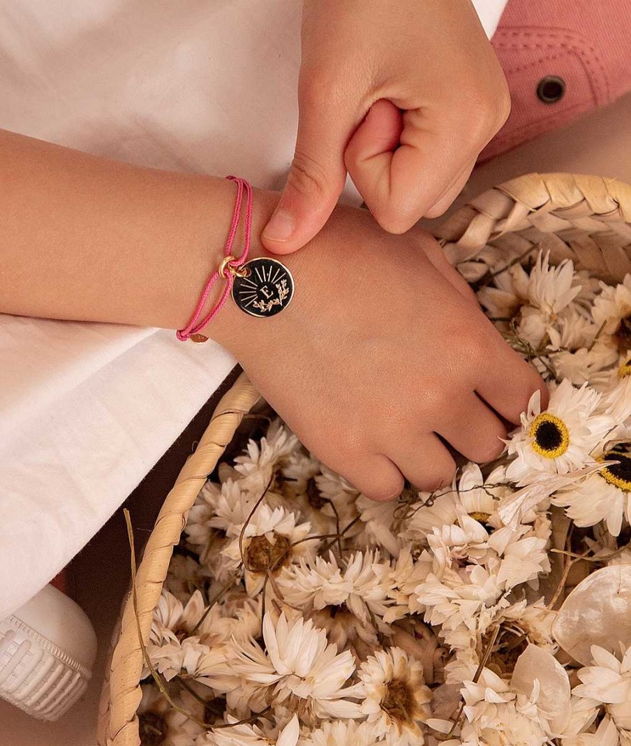 Bijoux Enfant L'Atelier d'Amaya | Bracelet Bapt Me Cordon Et M Daille Initiale Soleil Et Lauriers Pour Enfant Plaqu Or