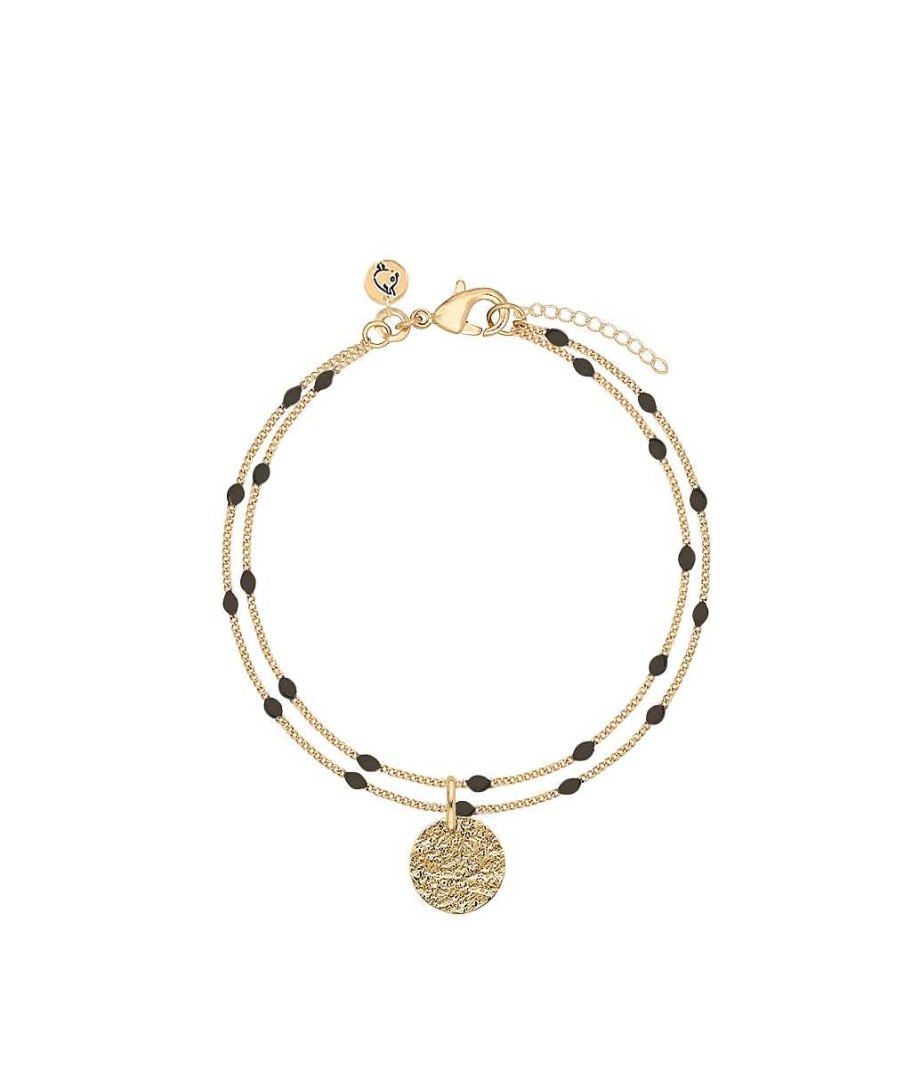 Bracelets Femme L'Atelier d'Amaya | Bracelet Double Rang Mini Perles Noires Et Petite M Daille Maya Plaqu Or