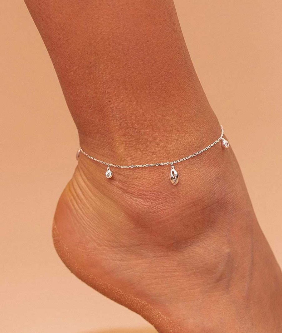 Bracelets Femme L'Atelier d'Amaya | Cha Ne De Cheville Coquillages Suspendus Et Zircons Argent 925