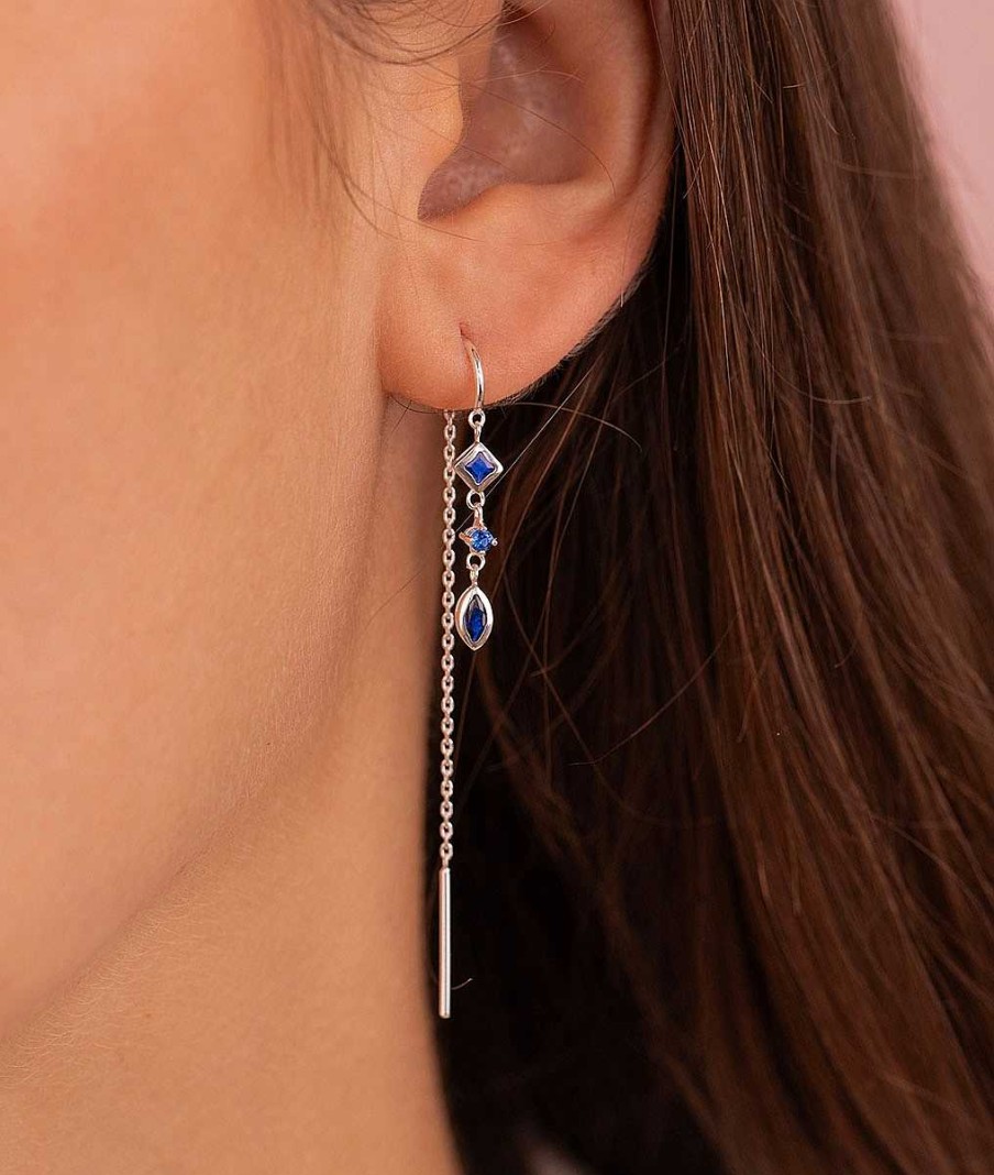 Boucles D'Oreilles Femme L'Atelier d'Amaya | Boucles D'Oreilles Cha Ne Losange Et Goutte Zircons Bleus Suspendus Argent 925