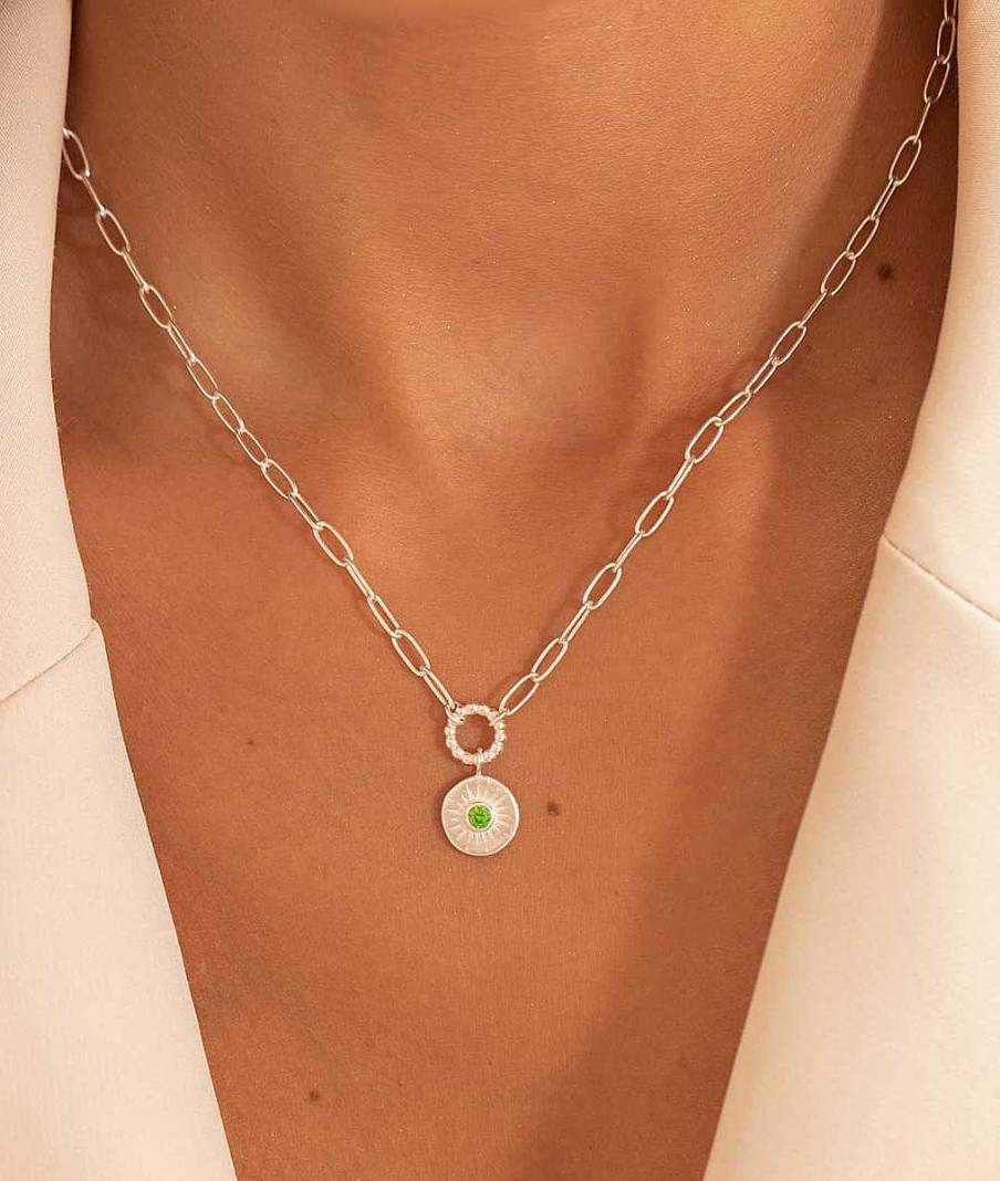 Colliers Femme L'Atelier d'Amaya | Collier Grands Maillons Et M Daille Soleil Zircon Vert Argent 925