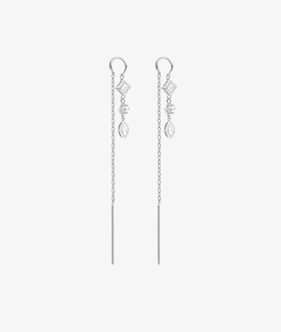 Boucles D'Oreilles Femme L'Atelier d'Amaya | Boucles D'Oreilles Cha Ne Losange Et Goutte Zircons Suspendus Argent 925