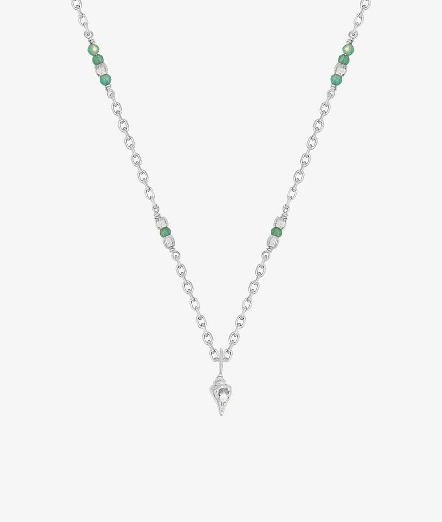 Colliers Femme L'Atelier d'Amaya | Collier Cha Ne Zircons Verts Et Coquillage Suspendu Argent 925