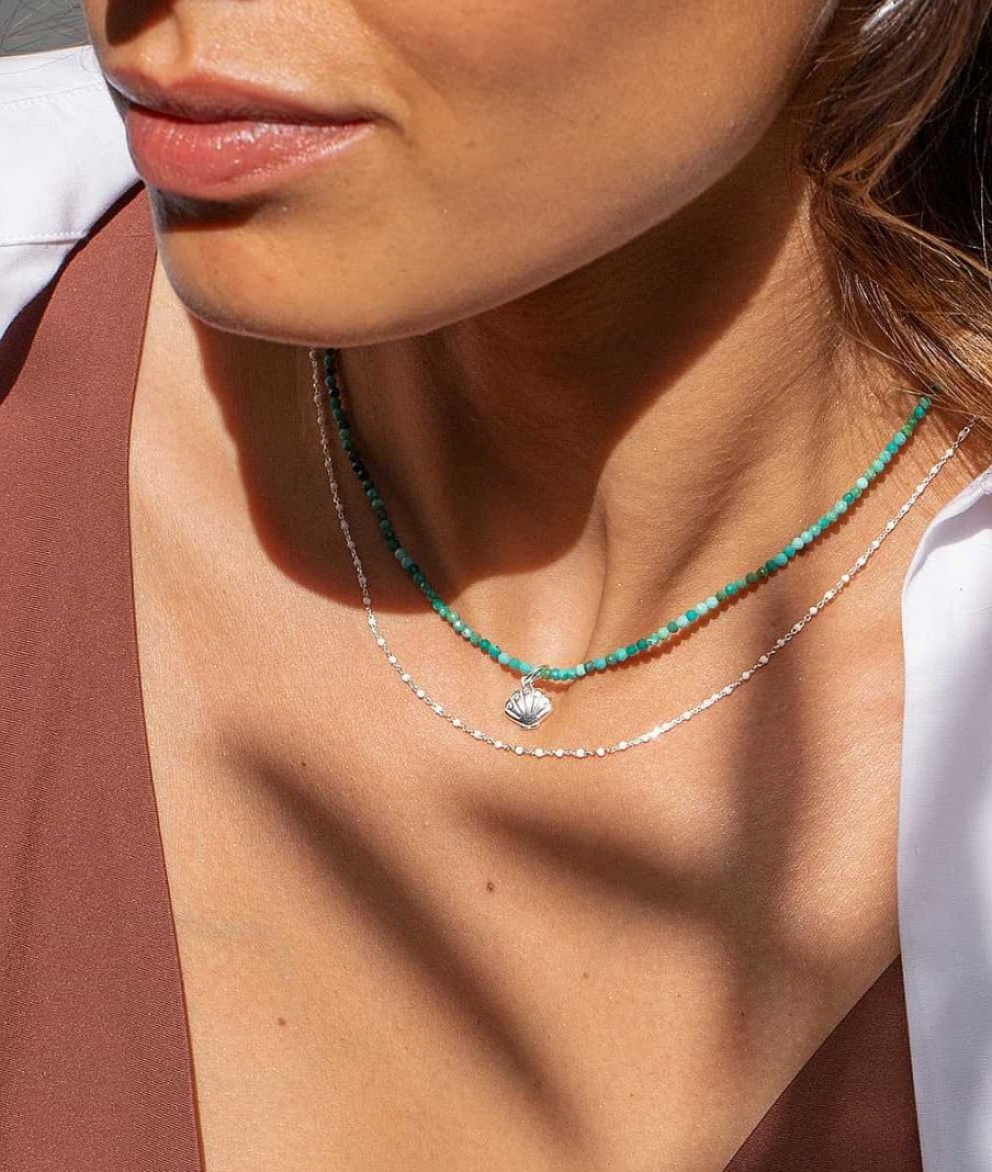 Colliers Femme L'Atelier d'Amaya | Collier Perles Turquoise Reconstitu E Et M Daille Coquillage Zircons Argent 925