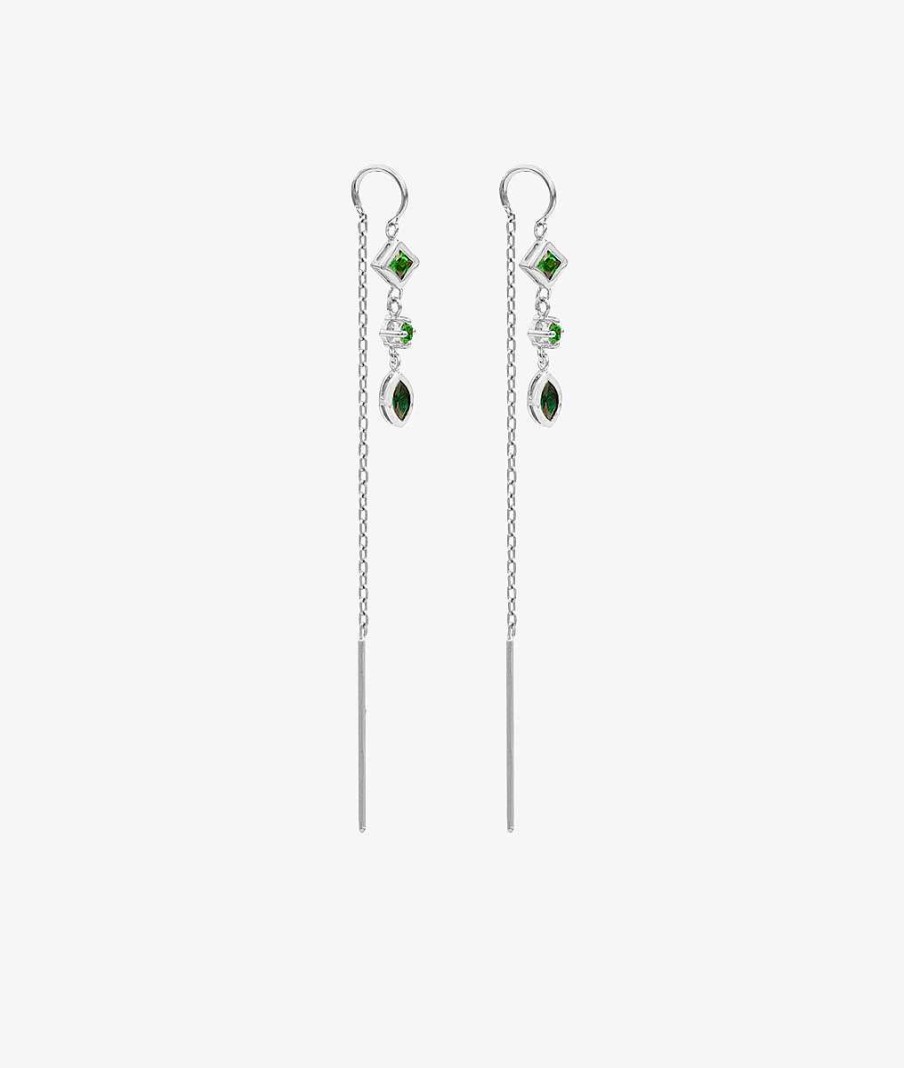 Boucles D'Oreilles Femme L'Atelier d'Amaya | Boucles D'Oreilles Cha Ne Losange Et Goutte Zircons Verts Suspendus Argent 925