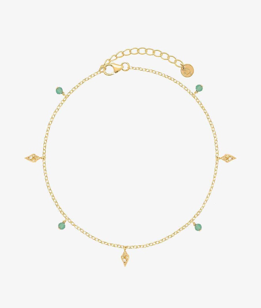 Bracelets Femme L'Atelier d'Amaya | Cha Ne De Cheville Zircons Verts Et Coquillages Suspendus Plaqu Or