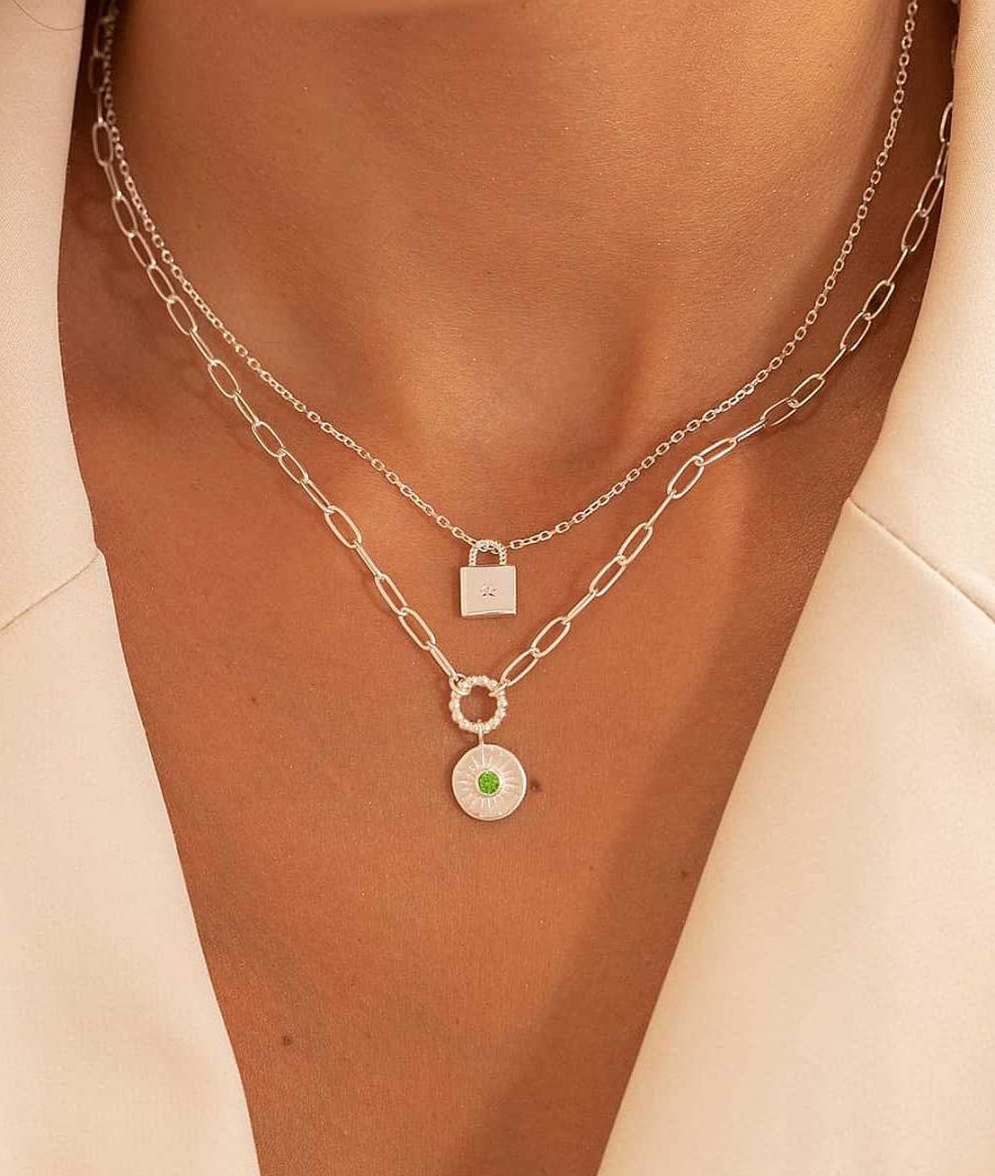 Colliers Femme L'Atelier d'Amaya | Collier Grands Maillons Et M Daille Soleil Zircon Vert Argent 925