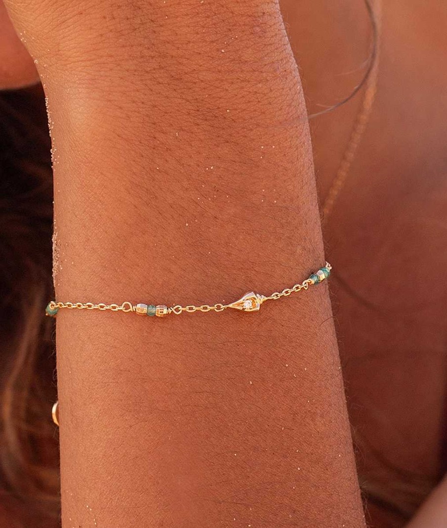 Bracelets Femme L'Atelier d'Amaya | Bracelet Cha Ne Zircons Verts Et Coquillage Plaqu Or