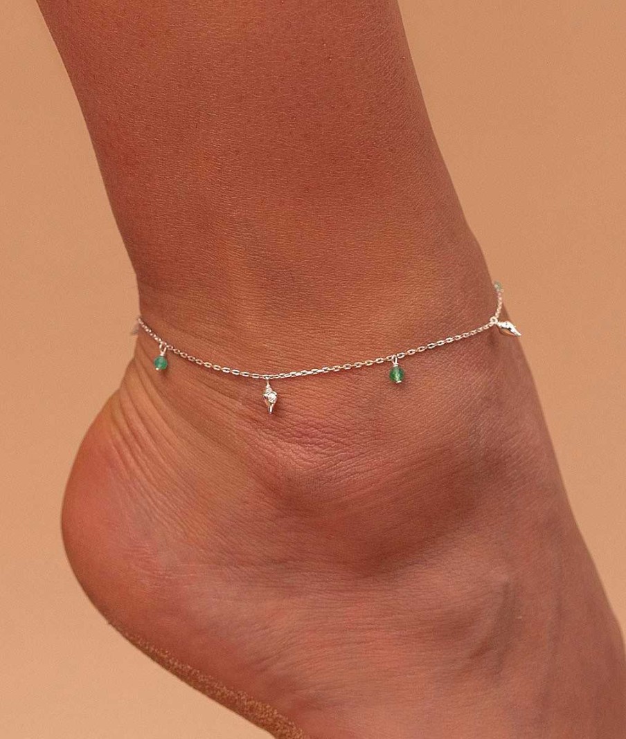 Bracelets Femme L'Atelier d'Amaya | Cha Ne De Cheville Zircons Verts Et Coquillages Suspendus Argent 925