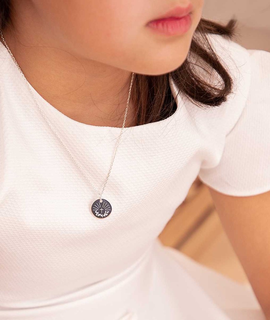 Bijoux Enfant L'Atelier d'Amaya | Collier Cha Ne Bapt Me Et M Daille Initiale Soleil Et Laurier Pour Enfant Argent 925