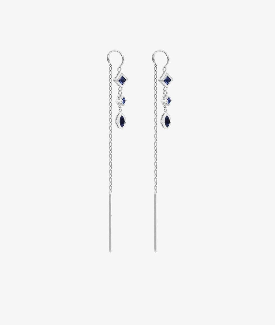 Boucles D'Oreilles Femme L'Atelier d'Amaya | Boucles D'Oreilles Cha Ne Losange Et Goutte Zircons Bleus Suspendus Argent 925