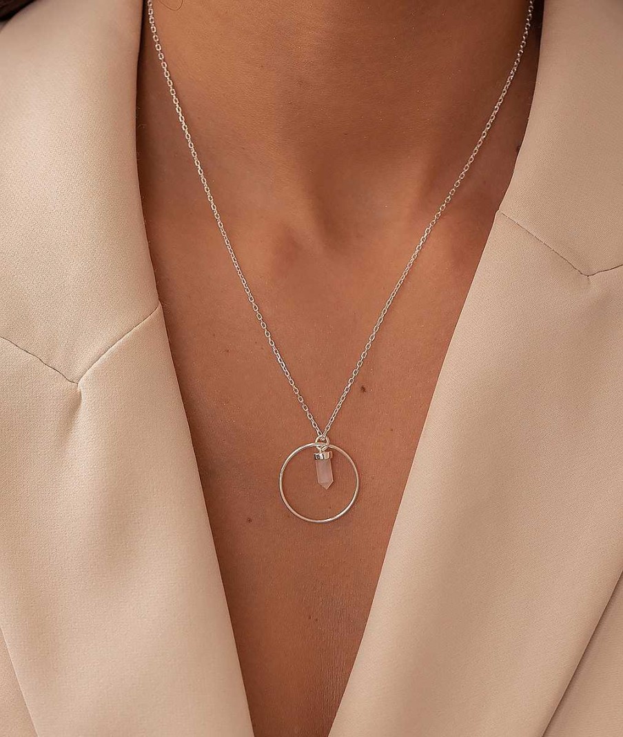 Colliers Femme L'Atelier d'Amaya | Collier Cha Ne Anneau Et Petit Prisme Quartz Rose Argent 925