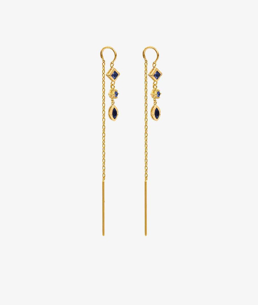 Boucles D'Oreilles Femme L'Atelier d'Amaya | Boucles D'Oreilles Cha Ne Losange Et Goutte Zircons Bleus Suspendus Plaqu Or